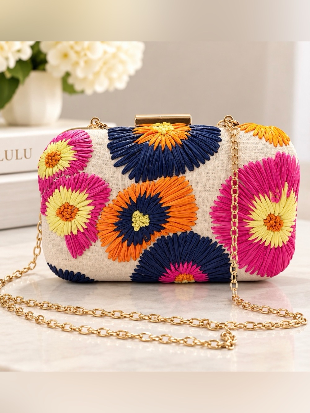 Lulus Floral Embroidered Box Clutch Gold Chain Evening Crossbody Bag NWOT